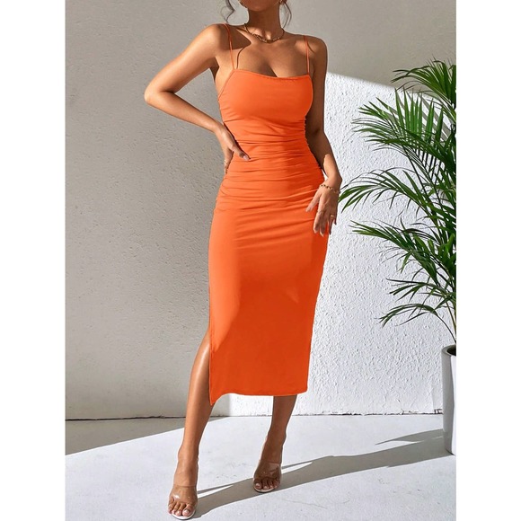 Twist Backless Split Thigh Cami midi Dress nude tan - Picture 8 of 11